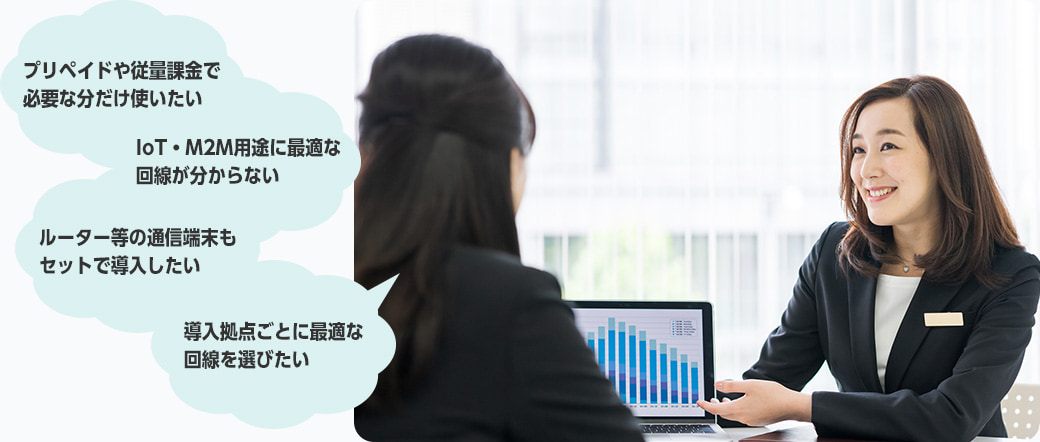 「プリペイドや従量課金で必要な分だけ使いたい」「IoT・M2M用途に最適な回線が分からない」「ルーター等の通信端末もセットで導入したい」「導入拠点ごとに最適な回線を選びたい」